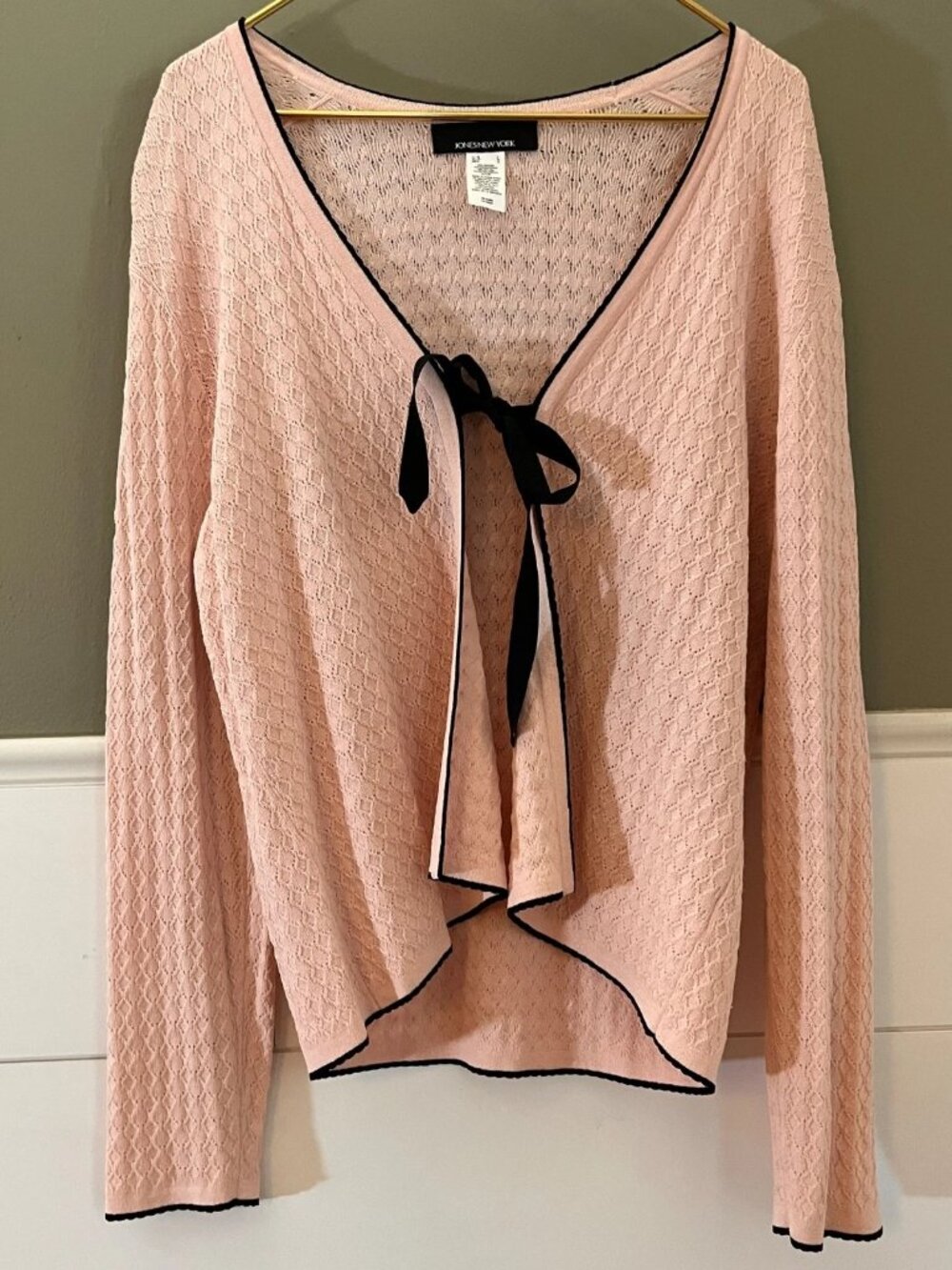 Powder Lux Pink Black Trim Tie Bow Cardigan Barbiecore Preppy Balletcore Large